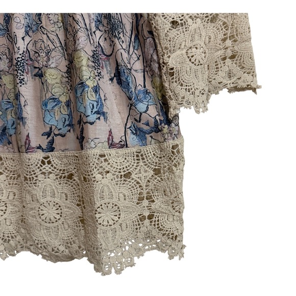 New Floral Lace Trim Henley Tunic Top Pink Blue Boho 3/4 Sleeve Medium - Picture 2 of 6